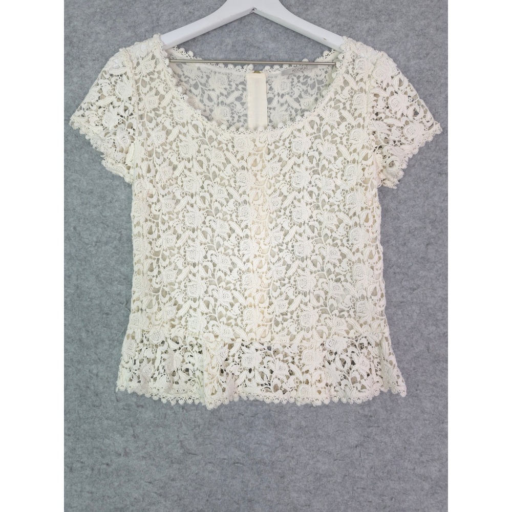 Kookai Lace Peplum Scoop Neck Top Sz 6 Cotton Cream Short Sleeve Zipper Back